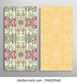 Vertical seamless patterns set, floral geometric lace texture for Wedding, Valentine's day, greeting cards or Birthday Invitations. Decorative seamless backgrounds. Ethnic ornament, border pattern