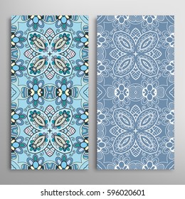 Vertical seamless patterns set, floral geometric lace texture for Wedding, Valentine's day, greeting cards or Birthday Invitations. Decorative seamless backgrounds. Ethnic ornament, border pattern