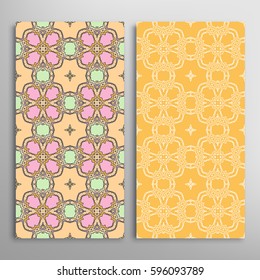 Vertical seamless patterns set, floral geometric lace texture for Wedding, Valentine's day, greeting cards or Birthday Invitations. Decorative seamless backgrounds. Ethnic ornament, border pattern