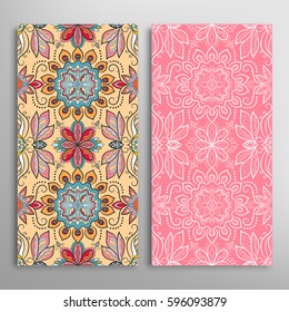 Vertical seamless patterns set, floral geometric lace texture for Wedding, Valentine's day, greeting cards or Birthday Invitations. Decorative seamless backgrounds. Ethnic ornament, border pattern