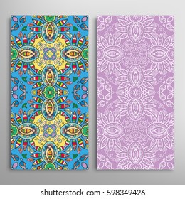 Vertical seamless patterns set, floral geometric lace texture for Wedding, Valentine's day, greeting cards or Birthday Invitations. Decorative seamless backgrounds. Ethnic ornament, border pattern