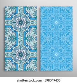 Vertical seamless patterns set, floral geometric lace texture for Wedding, Valentine's day, greeting cards or Birthday Invitations. Decorative seamless backgrounds. Ethnic ornament, border pattern