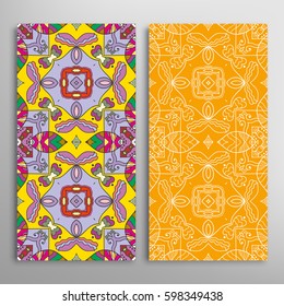Vertical seamless patterns set, floral geometric lace texture for Wedding, Valentine's day, greeting cards or Birthday Invitations. Decorative seamless backgrounds. Ethnic ornament, border pattern