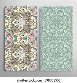 Vertical seamless patterns set, floral geometric lace texture for Wedding, Valentine's day, greeting cards or Birthday Invitations. Decorative seamless backgrounds. Ethnic ornament, border pattern