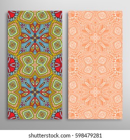 Vertical seamless patterns set, floral geometric lace texture for Wedding, Valentine's day, greeting cards or Birthday Invitations. Decorative seamless backgrounds. Ethnic ornament, border pattern