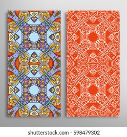 Vertical seamless patterns set, floral geometric lace texture for Wedding, Valentine's day, greeting cards or Birthday Invitations. Decorative seamless backgrounds. Ethnic ornament, border pattern