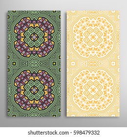Vertical seamless patterns set, floral geometric lace texture for Wedding, Valentine's day, greeting cards or Birthday Invitations. Decorative seamless backgrounds. Ethnic ornament, border pattern