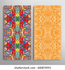 Vertical seamless patterns set, floral geometric lace texture for Wedding, Valentine's day, greeting cards or Birthday Invitations. Decorative seamless backgrounds. Ethnic ornament, border pattern