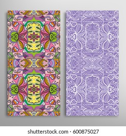 Vertical seamless patterns set, floral geometric lace texture for Wedding, Valentine's day, greeting cards or Birthday Invitations. Decorative seamless backgrounds. Ethnic ornament, border pattern