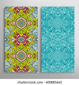 Vertical seamless patterns set, floral geometric lace texture for Wedding, Valentine's day, greeting cards or Birthday Invitations. Decorative seamless backgrounds. Ethnic ornament, border pattern
