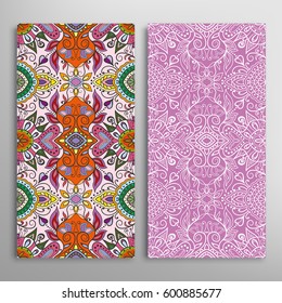 Vertical seamless patterns set, floral geometric lace texture for Wedding, Valentine's day, greeting cards or Birthday Invitations. Decorative seamless backgrounds. Ethnic ornament, border pattern
