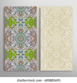 Vertical seamless patterns set, floral geometric lace texture for Wedding, Valentine's day, greeting cards or Birthday Invitations. Decorative seamless backgrounds. Ethnic ornament, border pattern