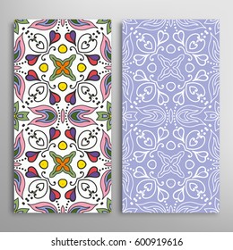 Vertical seamless patterns set, floral geometric lace texture for Wedding, Valentine's day, greeting cards or Birthday Invitations. Decorative seamless backgrounds. Ethnic ornament, border pattern