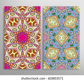 Vertical seamless patterns set, floral geometric lace texture for Wedding, Valentine's day, greeting cards or Birthday Invitations. Decorative seamless backgrounds. Ethnic ornament, border pattern