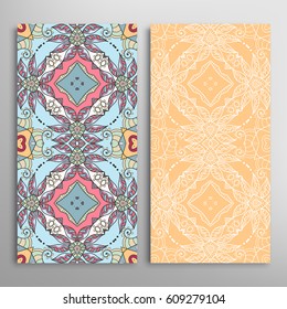 Vertical seamless patterns set, floral geometric lace texture for Wedding, Valentine's day, greeting cards or Birthday Invitations. Decorative seamless backgrounds. Ethnic ornament, border pattern