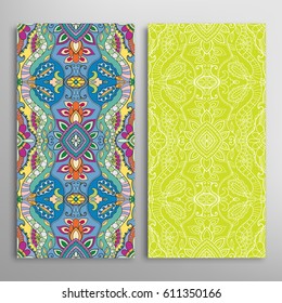 Vertical seamless patterns set, floral geometric lace texture for Wedding, Valentine's day, greeting cards or Birthday Invitations. Decorative seamless backgrounds. Ethnic ornament, border pattern