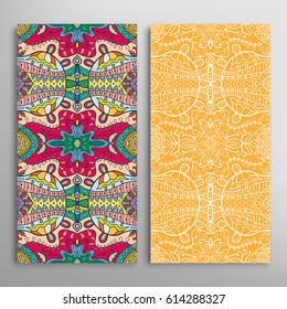 Vertical seamless patterns set, floral geometric lace texture for Wedding, Valentine's day, greeting cards or Birthday Invitations. Decorative seamless backgrounds. Ethnic ornament, border pattern