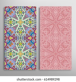 Vertical seamless patterns set, floral geometric lace texture for Wedding, Valentine's day, greeting cards or Birthday Invitations. Decorative seamless backgrounds. Ethnic ornament, border pattern