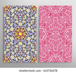 Vertical seamless patterns set, floral geometric lace texture for Wedding, Valentine's day, greeting cards or Birthday Invitations. Decorative seamless backgrounds. Ethnic ornament, border pattern