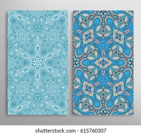Vertical seamless patterns set, floral geometric lace texture for Wedding, Valentine's day, greeting cards or Birthday Invitations. Decorative seamless backgrounds. Ethnic ornament, border pattern