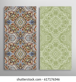 Vertical seamless patterns set, floral geometric lace texture for Wedding, Valentine's day, greeting cards or Birthday Invitations. Decorative seamless backgrounds. Ethnic ornament, border pattern