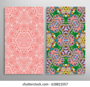Vertical seamless patterns set, floral geometric lace texture for Wedding, Valentine's day, greeting cards or Birthday Invitations. Decorative seamless backgrounds. Ethnic ornament, border pattern