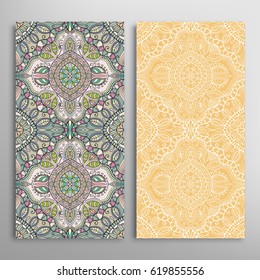 Vertical seamless patterns set, floral geometric lace texture for Wedding, Valentine's day, greeting cards or Birthday Invitations. Decorative seamless backgrounds. Ethnic ornament, border pattern