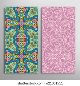 Vertical seamless patterns set, floral geometric lace texture for Wedding, Valentine's day, greeting cards or Birthday Invitations. Decorative seamless backgrounds. Ethnic ornament, border pattern