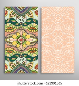 Vertical seamless patterns set, floral geometric lace texture for Wedding, Valentine's day, greeting cards or Birthday Invitations. Decorative seamless backgrounds. Ethnic ornament, border pattern