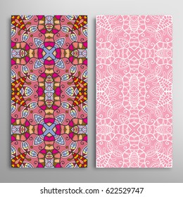 Vertical seamless patterns set, floral geometric lace texture for Wedding, Valentine's day, greeting cards or Birthday Invitations. Decorative seamless backgrounds. Ethnic ornament, border pattern
