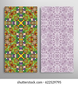 Vertical seamless patterns set, floral geometric lace texture for Wedding, Valentine's day, greeting cards or Birthday Invitations. Decorative seamless backgrounds. Ethnic ornament, border pattern