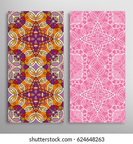 Vertical seamless patterns set, floral geometric lace texture for Wedding, Valentine's day, greeting cards or Birthday Invitations. Decorative seamless backgrounds. Ethnic ornament, border pattern