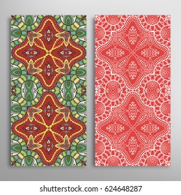 Vertical seamless patterns set, floral geometric lace texture for Wedding, Valentine's day, greeting cards or Birthday Invitations. Decorative seamless backgrounds. Ethnic ornament, border pattern