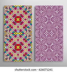 Vertical seamless patterns set, floral geometric lace texture for Wedding, Valentine's day, greeting cards or Birthday Invitations. Decorative seamless backgrounds. Ethnic ornament, border pattern