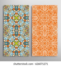 Vertical seamless patterns set, floral geometric lace texture for Wedding, Valentine's day, greeting cards or Birthday Invitations. Decorative seamless backgrounds. Ethnic ornament, border pattern