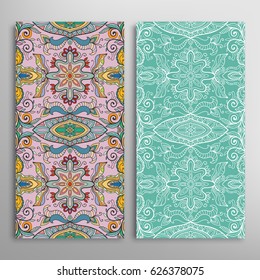 Vertical seamless patterns set, floral geometric lace texture for Wedding, Valentine's day, greeting cards or Birthday Invitations. Decorative seamless backgrounds. Ethnic ornament, border pattern