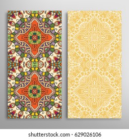 Vertical seamless patterns set, floral geometric lace texture for Wedding, Valentine's day, greeting cards or Birthday Invitations. Decorative seamless backgrounds. Ethnic ornament, border pattern