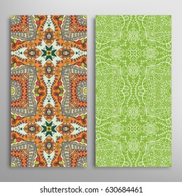 Vertical seamless patterns set, floral geometric lace texture for Wedding, Valentine's day, greeting cards or Birthday Invitations. Decorative seamless backgrounds. Ethnic ornament, border pattern