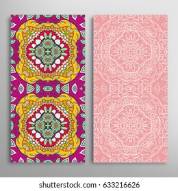 Vertical seamless patterns set, floral geometric lace texture for Wedding, Valentine's day, greeting cards or Birthday Invitations. Decorative seamless backgrounds. Ethnic ornament, border pattern