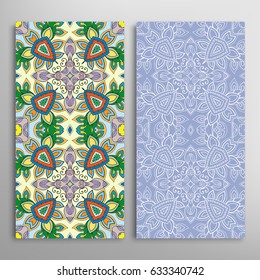 Vertical seamless patterns set, floral geometric lace texture for Wedding, Valentine's day, greeting cards or Birthday Invitations. Decorative seamless backgrounds. Ethnic ornament, border pattern
