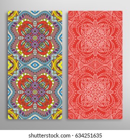 Vertical seamless patterns set, floral geometric lace texture for Wedding, Valentine's day, greeting cards or Birthday Invitations. Decorative seamless backgrounds. Ethnic ornament, border pattern
