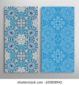 Vertical seamless patterns set, floral geometric lace texture for Wedding, Valentine's day, greeting cards or Birthday Invitations. Decorative seamless backgrounds. Ethnic ornament, border pattern