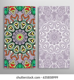 Vertical seamless patterns set, floral geometric lace texture for Wedding, Valentine's day, greeting cards or Birthday Invitations. Decorative seamless backgrounds. Ethnic ornament, border pattern