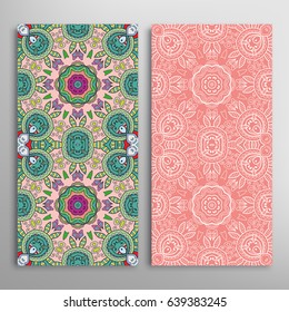 Vertical seamless patterns set, floral geometric lace texture for Wedding, Valentine's day, greeting cards or Birthday Invitations. Decorative seamless backgrounds. Ethnic ornament, border pattern