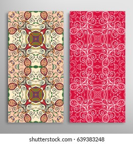 Vertical seamless patterns set, floral geometric lace texture for Wedding, Valentine's day, greeting cards or Birthday Invitations. Decorative seamless backgrounds. Ethnic ornament, border pattern