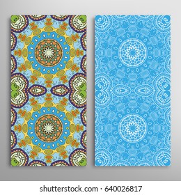 Vertical seamless patterns set, floral geometric lace texture for Wedding, Valentine's day, greeting cards or Birthday Invitations. Decorative seamless backgrounds. Ethnic mandala border ornament