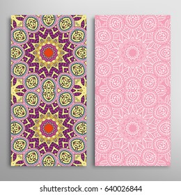 Vertical seamless patterns set, floral geometric lace texture for Wedding, Valentine's day, greeting cards or Birthday Invitations. Decorative seamless backgrounds. Ethnic mandala border ornament