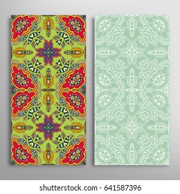 Vertical seamless patterns set, floral geometric lace texture for Wedding, Valentine's day, greeting cards or Birthday Invitations. Decorative seamless backgrounds. Ethnic ornament, border pattern
