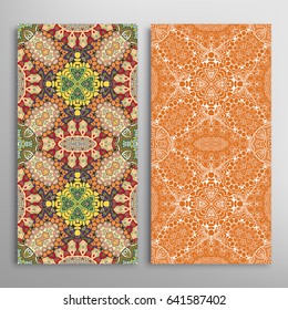Vertical seamless patterns set, floral geometric lace texture for Wedding, Valentine's day, greeting cards or Birthday Invitations. Decorative seamless backgrounds. Ethnic ornament, border pattern