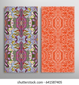 Vertical seamless patterns set, floral geometric lace texture for Wedding, Valentine's day, greeting cards or Birthday Invitations. Decorative seamless backgrounds. Ethnic ornament, border pattern